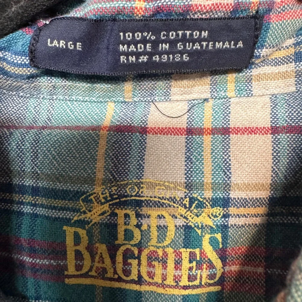 Vintage BD Baggies Short Sleeve Plaid Button Down Shirt L Teal Blue Green Casual